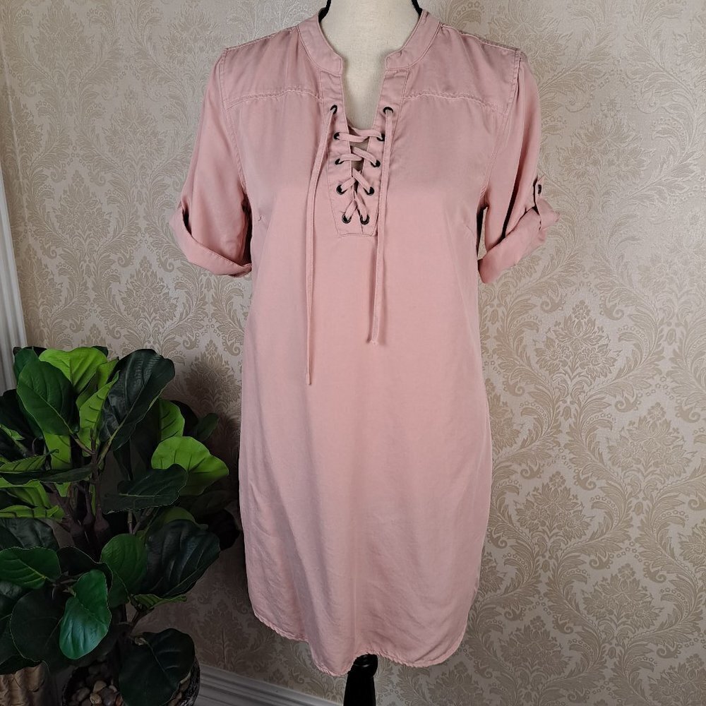 Philosphy Republic Clothing Size Small Pink Lace Up V-Neck Shift ShirttailDress